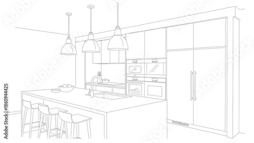 Modern kitchen interior design concept sketch showing spacious island and integrated appliances for contemporary homes