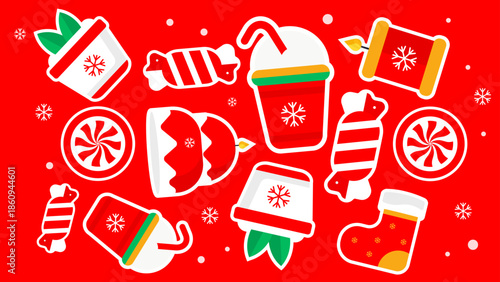 Art objects include candy canes, ornaments, and presents on a festive red background