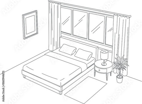 Black and white isometric line art drawing of a cozy bedroom interior featuring a large bed bedside table and window with curtains providing a clean design element.