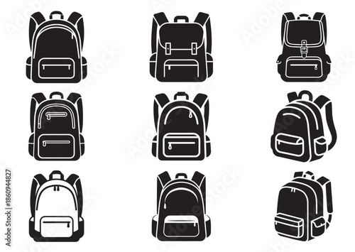 Set of School backpack icon, School backpack silhouette vector
