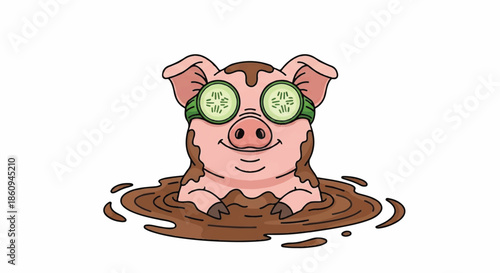 Relaxed Pig Character Relaxing in Mud Spa with Cucumber Eye Masks, Pampered Farm Animal Illustration