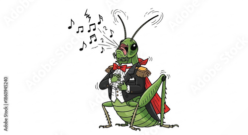 Elegant Grasshopper Singing Opera in Tuxedo, Musical Insect Character Illustration, Grasshopper Musician