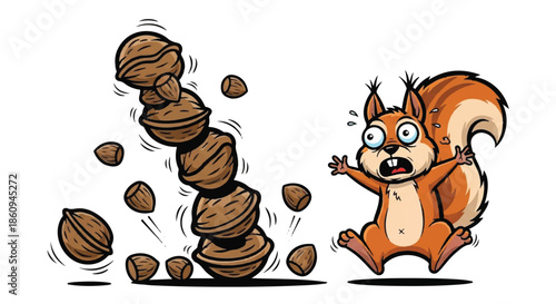Shocked Squirrel Looking at a Giant Stack of Falling Walnuts