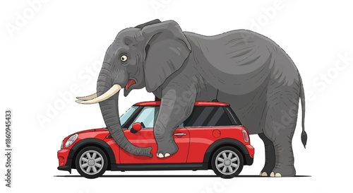 Huge Elephant Sitting on a Small Red Car Funny Insurance Concept