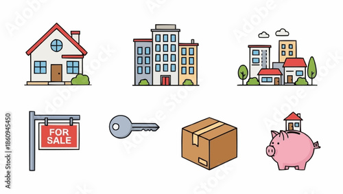 Real Estate Icons - House, Building, Key, Box, Piggy Bank.