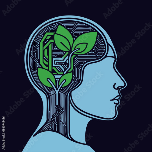 Conceptual illustration of a human head containing a circuit board intertwined with green leaves, symbolizing eco-friendly technology and innovation.