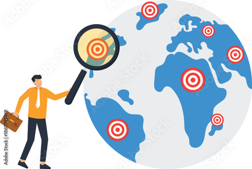Businessman analyzing global market with magnifying glass finding target audience on world map for international expansion market research business strategy and customer targeting