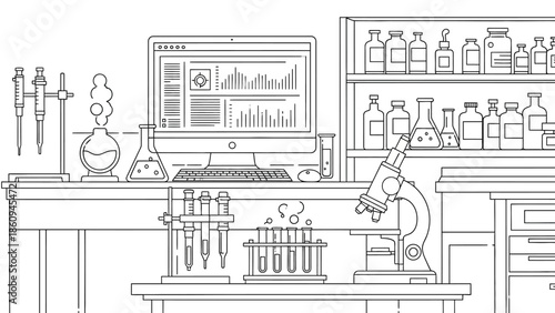 Detailed line art illustration depicting a fully equipped modern science laboratory workspace featuring glassware chemical analysis equipment and computer data monitoring