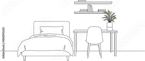Minimalist line art illustration depicting a simple bedroom setup featuring a neatly made bed beside a small desk with shelving and a potted plant.