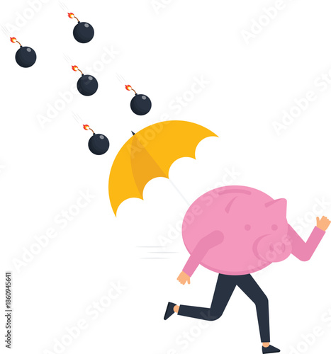 Piggy bank running with umbrella escaping falling bombs financial risk investment protection economic crisis debt danger savings insurance market crash asset protection