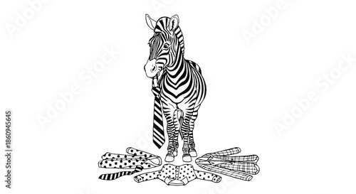 Confused Zebra Character Standing Over a Pile of Neckties Choosing a Professional Look