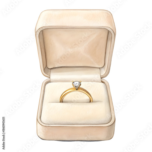 Watercolor Gold Diamond Ring in Cream Box isolated on a transparent background