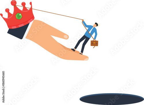 Businessman puppet manipulated by crowned hand corporate control business trap career risk leadership exploitation power dynamic hidden danger executive power financial pitfall professional struggle