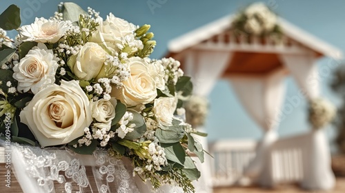 A beautiful bouquet of cream-colored roses and other blossoms adorns a delicate lace-covered surface, with a soft-focus white gazebo in the background.