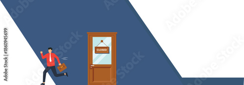 Businessman running towards closed door concept of missed opportunity and business failure. Late employee facing deadline pressure corporate challenge and career obstacle with locked door.