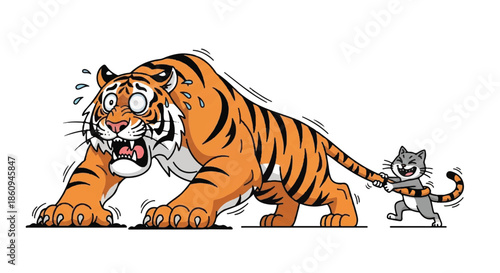 Terrified Tiger Character with Big Eyes Looking Scared and Sweating in Panic Situation