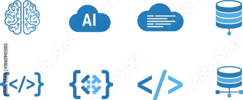 Minimalist blue vector icons representing cloud solutions, software coding, artificial intelligence, and server management for professional tech presentations.