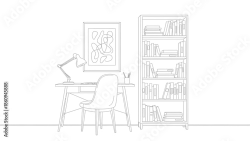 Minimalist black and white line art illustration depicts a simple home office setup featuring a wooden desk chair and a tall bookshelf.