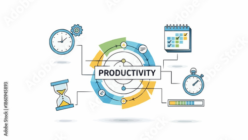 Productivity concept with clock, calendar, hourglass, and progress bar.