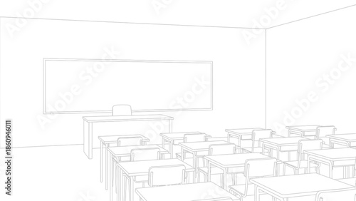 Empty classroom outline drawing featuring rows of student desks facing a teacher's desk and large blank whiteboard ready for education