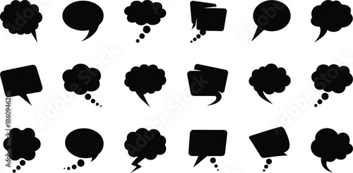 Collection of simple black speech and thought bubbles in square, round, and cloud shapes for web and app design