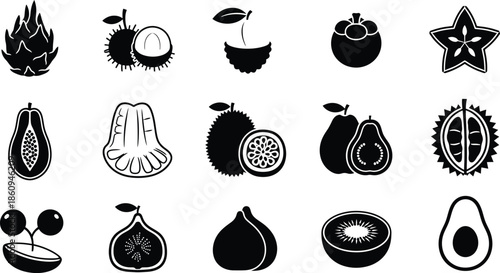 Vector silhouettes of tropical fruits including fig, passion fruit, mangosteen, and dragon fruit for organic product packaging