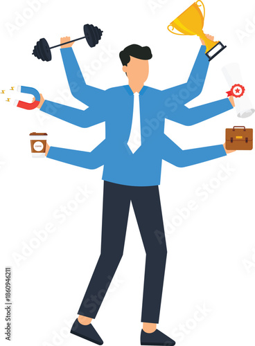 Multitasking businessman with many hands holding trophy dumbbell and briefcase for business success versatile skills employee productivity high performance work efficiency