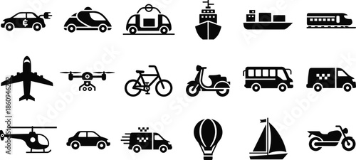 Future mobility and green energy transportation icons including electric cars, drones, high-speed trains, and submarines