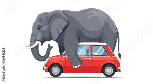 Heavy Elephant Sitting on a Small Red Compact Car Causing Suspension Damage Funny Insurance Concept
