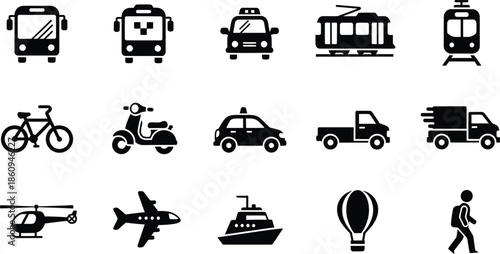 Comprehensive set of transportation vehicle silhouettes for urban mobility, logistics, and travel planning design