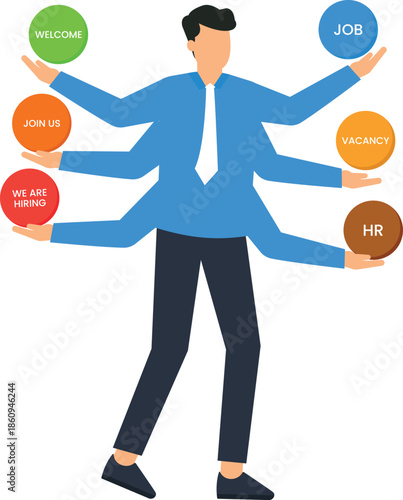 Multitasking businessman human resources concept for recruitment and hiring. Man with six arms holding job vacancy signs for a career opportunity. Join us welcome.