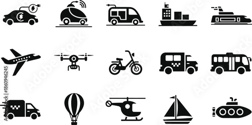 Advanced transportation icons set featuring electric vehicles, drones, modern trains, and autonomous delivery van silhouettes