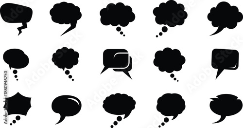 Set of cloud-shaped black thought bubbles and dream clouds for creative brainstorming and comic book illustrations