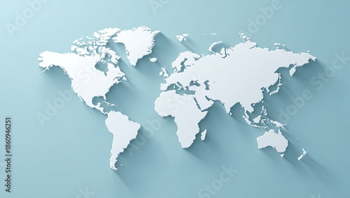 White world map casting soft shadow on a light blue background, top-down view