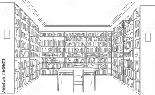Detailed black and white line art drawing of an antique library interior featuring towering bookshelves filled with volumes surrounding a central wooden study table and chair