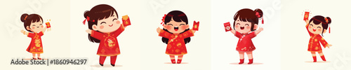vector of a happy little girl stand holding a Chinese New Year red envelope