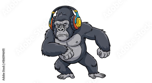 Strong gorilla character wearing colorful gaming headphones in a dynamic ready-to-fight pose, esport mascot vector illustration.