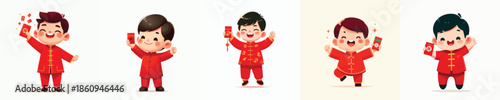 vector of a happy little boy stand holding a Chinese New Year red envelope