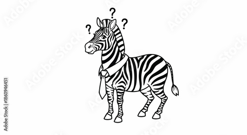 Professional zebra character wearing a formal necktie with question marks, confused businessman animal concept, vector illustration.