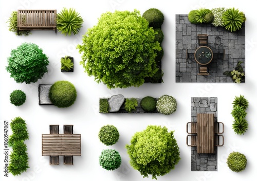 Top view of garden design elements, park furniture, and greenery isolated on a white background, vector illustration.