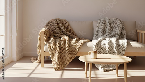 Cozy living room interior with blankets on sofa and coffee table