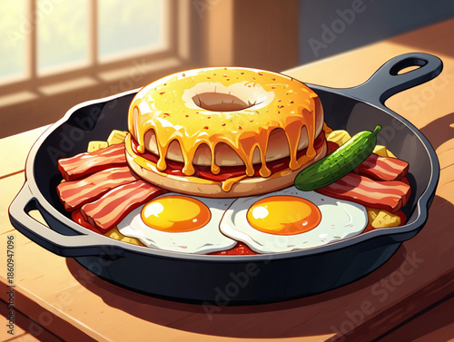 A vibrant and stylized skillet breakfast with a giant glazed bagel, crispy bacon, and perfect fried eggs
