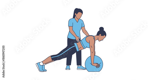 Professional physiotherapist guiding female patient performing a challenging plank exercise using a stability fitness ball.