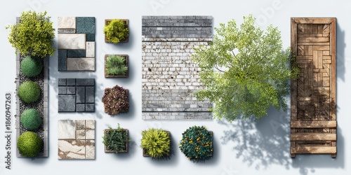 Top view of landscape design elements, including plants and trees, paver tiles with different patterns, and a wooden fence, against a white background