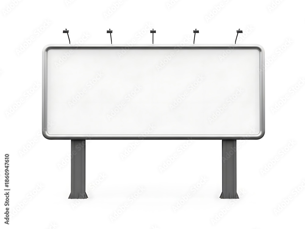 Obraz premium A large blank billboard with four spotlights standing on two pillars against a white background viewed from the front