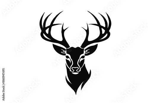 Majestic deer head silhouette with large antlers, stag logo vector illustration