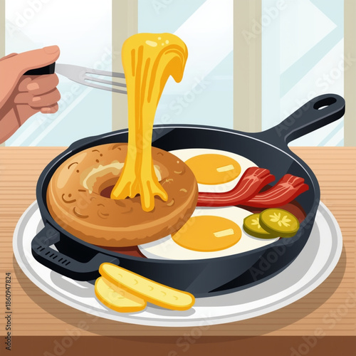 Delicious breakfast skillet with cheesy bagel, fried eggs, and crispy bacon being served