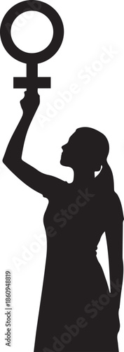Silhouette of a woman holding the female symbol aloft