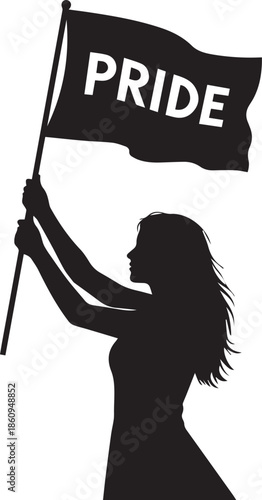 Silhouette of a woman holding a flag with the word pride
