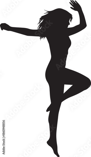 Silhouette of a woman dancing with flowing hair and outstretched arms